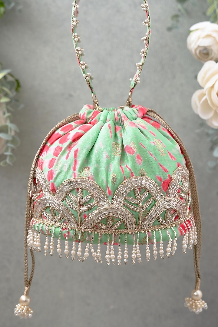 Mint & Pink Banarasi Silk Shibori Dyed Bucket Bag by AMYRA at Pernia's Pop Up Shop